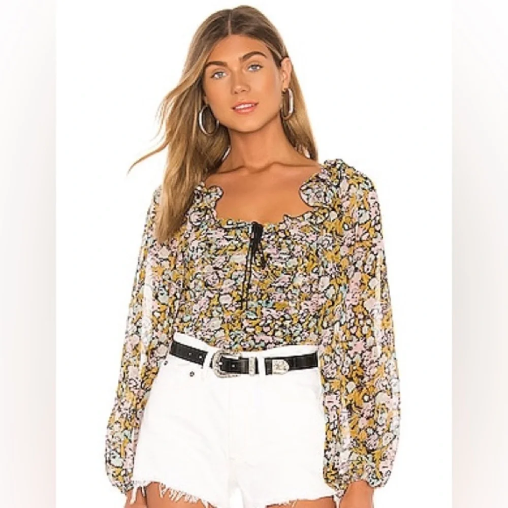 Free People Mabel Printed Ruffle Tie-Front Open-Back Floral Blouse Size Large